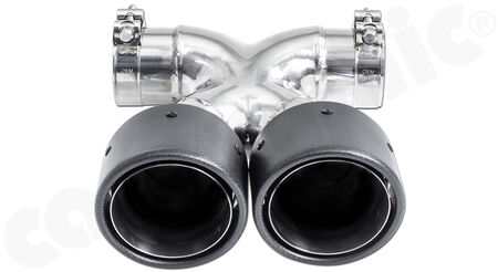 CARGRAPHIC Sport Double-End Tailpipe "X" - - 2x 100mm round<br>
- <b>Visual Carbon Matt finish with stainless steel liners</b><br>
- for CARGRAPHIC and original rear silencer <br>
<b>Part No.</b> PERP87ER40RXKEV