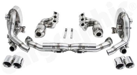 CARGRAPHIC Sport Exhaust System Cylinderhead-Back - - Manifold set with 2x200cpsi<br> 
&nbsp &nbspØ130mm OBD2 HD Tri-metal catalytic converters<br>
- Centre silencer replacement pipe "X"<br>
- Sport rear silencer set with 2x exhaust valves<br>
- 2x 89mm double-end tailpipe set<br>
<b>Part No.</b> PERP97DFIKITXFLAP