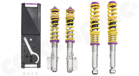 KW Variant 3 inox-line - Coilover Suspension - - Perfect to be combined with <b>CARGRAPHIC AirLift</b><br>
- Rebound & compression separately adjustable<br>
- FA: lowering <b>-30 up to 60mm</b><br>
- RA: lowering <b>-20 up to 40mm</b><br>
- for models <b>from 12/1990</b><br>
<b>Part No.</b> KW35271018