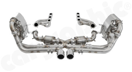 CARGRAPHIC Sport Exhaust System GT3-Look - - Manifold set 1,75"/45mm primary diameter <br>
- X-Pipe with 2x 200 cpsi catalytic converter<br>
- Sport rear silencer set with 2x exhaust valves<br>
- 89mm double-end tailpipe set GT3-Look<br>
<b>Part No.</b> PERP97KITXFLAPGT3