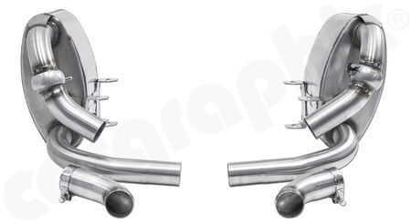 CARGRAPHIC Sport Rear Silencer Set - - without exhaust valves<br>
- <b>SUPER SOUND Version</b><br>
to be used with:<br>
- OEM tailpipes of carrera models with <b>3,8l</b> engine<br>
- <b>CARGRAPHIC</b> tailpipes<br>
<b>Part No.</b> CARP97ETS38