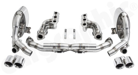 CARGRAPHIC Sport Exhaust System Cylinderhead-Back - - Manifold set without catalytic converters<br>
- Centre silencer replacement pipe "X"<br>
- Sport rear silencer set without exhaust valves<br>
- 2x 89mm double-end tailpipe set<br>
<b>Part No.</b> PERP97DFIKITXER