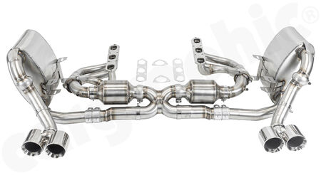 CARGRAPHIC Sport Exhaust System - - Manifold set with 1,75"/45mm primary diameter <br>
- X-Pipe with <b>2x 200 cpsi catalytic converters</b><br>
- Sport rear silencer set<br>
- 2x 89mm double-end tailpipe set<br>
<b>Part No.</b> PERP97KITX