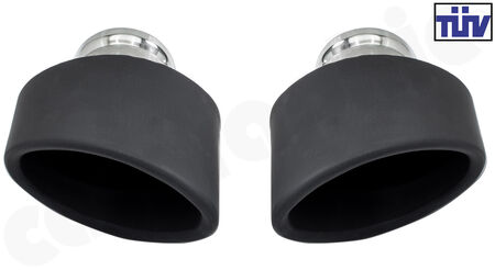CARGRAPHIC Tailpipe Set - - 122x85mm oval, rolled in, slash cut following the valance<br>
- Version: <b>Matt-Black Thermopaint</b><br>
- with TÜV certificate<br>
<b>Part No.</b> CARP93EROSTP