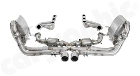 CARGRAPHIC Sport Exhaust System GT3 Look - - Manifold set with 1,75"/45mm primary diameter <br>
- X-Pipe with 2x 200 cpsi catalytic converters<br>
- Sport rear silencer set without exhaust valves<br>
- 89mm double-end tailpipe set GT3-Look<br>
<b>Part No.</b> PERP97KITXGT3