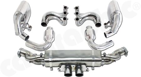 Motorsport Exhaust System Cylinderhead-Back - - Manifolds with 2" / 50,8mm primary diameter<br>
- 2x200cpsi Ø130mm OBD2 HD Tri-metal catalytic converters<br>
- Final silencer with integrated exhaust valves<br>
<b>Part.No.</b> PERP97GT3RKIT2200FLAP