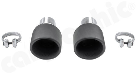 CARGRAPHIC Sport Tailpipe Set - - 2x 100mm round, rolled-in<br>
- <b>Matt-Black Thermopaint</b> with perforated insert<br>
- Adapter kit for fitting to OEM rear silencer<br>
<b>Part No.</b> CARP82GT4ER2100RTPOE