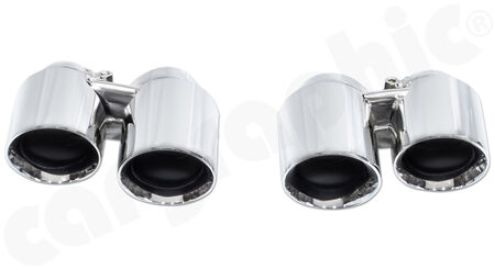 CARGRAPHIC Double-end Sport Tailpipe Set - for cars with <b>Porsche Sport Exhaust</b><br>
or equipped with <b>CARGRAPHIC exhaust</b><br>
- 2x 89mm Modena-design<br>
- <b>Stainless steel mirror polished</b><br>
<b>Part No.</b> PERP91ERM